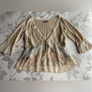 Hazel Y2K Cream Ribbon Trim Floral Pointelle Ruffle Button Top Small Medium Boho